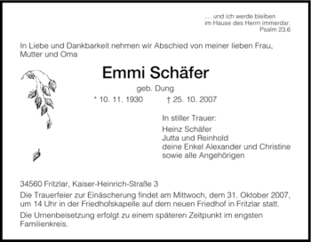 Todesanzeige von Emmi Schäfer von HNA