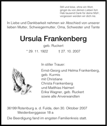 Todesanzeige von Ursula Frankenberg von HNA