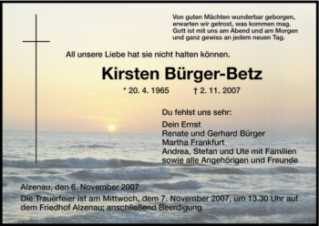 Todesanzeige von Kirsten Bürger-Betz von HNA