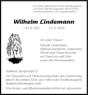 Todesanzeige von Wilhelm Lindemann von HNA