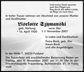 Todesanzeige von Liselotte Szymanski von HNA