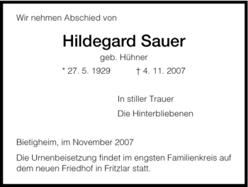 Todesanzeige von Hildegard Sauer von HNA