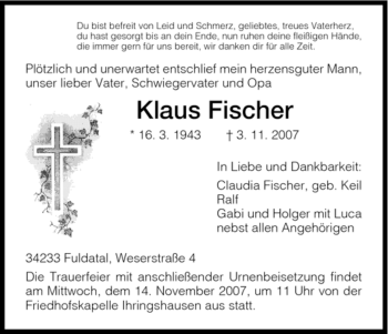 Todesanzeige von Klaus Fischer von HNA