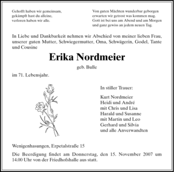 Todesanzeige von Erika Nordmeier von HNA