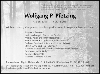 Todesanzeige von Wolfgang P. Pfetzing von HNA