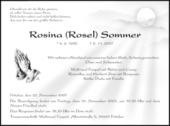 Todesanzeige von Rosina Sommer von HNA