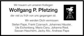 Todesanzeige von Wolfgang P. Pfetzing von HNA