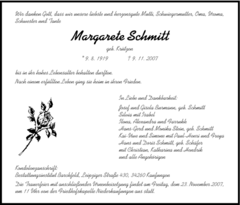 Todesanzeige von Margarete Schmitt von HNA