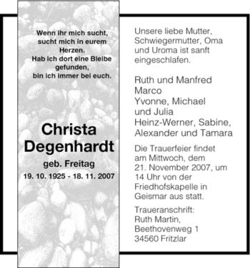Todesanzeige von Christa Degenhardt von HNA