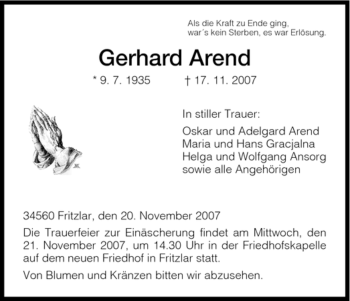 Todesanzeige von Gerhard Arend von HNA