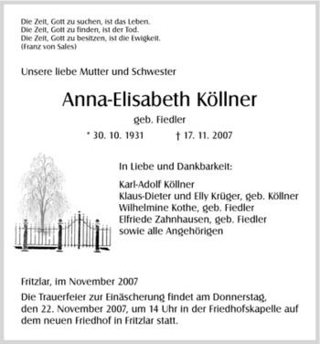 Todesanzeige von Anna-Elisabeth Köllner von HNA