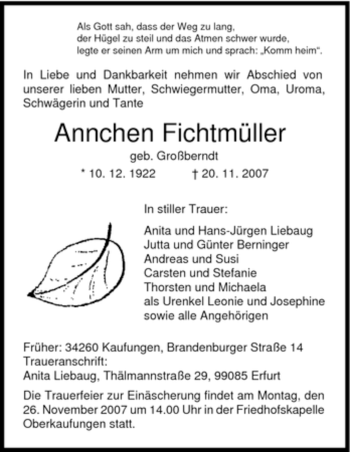 Todesanzeige von Annchen Fichtmüller von HNA