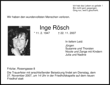 Todesanzeige von Inge Rösch von HNA