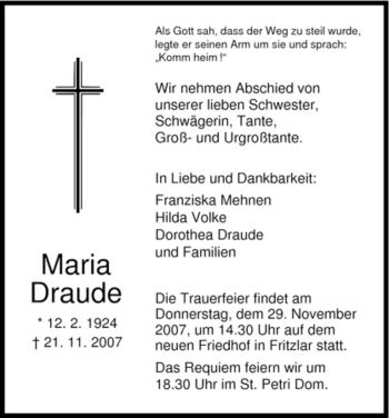 Todesanzeige von Maria Draude von HNA