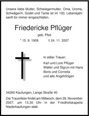 Todesanzeige von Friedericke Pflüger von HNA