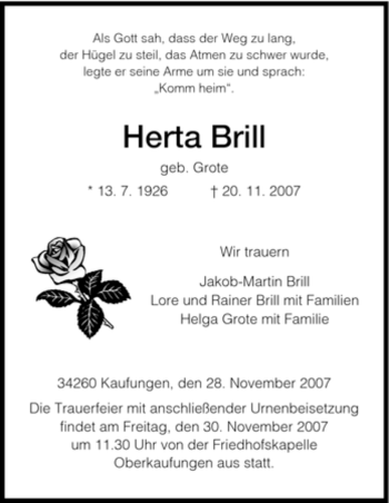 Todesanzeige von Herta Brill von HNA