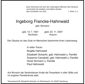 Todesanzeige von Ingeborg Francke-Hahnwald von HNA