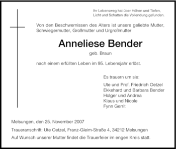 Todesanzeige von Anneliese Bender von HNA