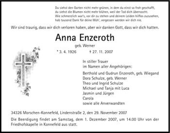 Todesanzeige von Anna Enzeroth von HNA