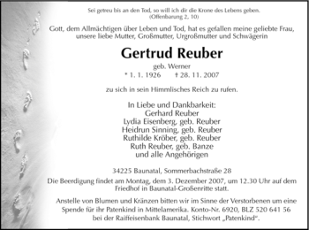 Todesanzeige von Gertrud Reuber von HNA