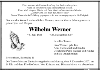 Todesanzeige von Wilhelm Werner von HNA