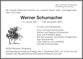 Todesanzeige von Werner Schumacher von HNA