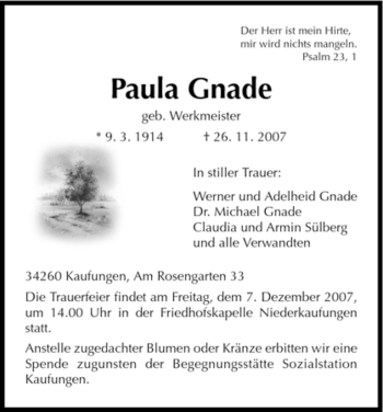 Todesanzeige von Paula Gnade von HNA