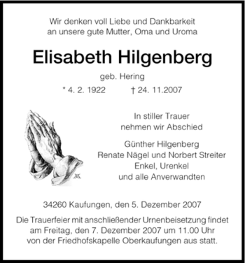 Todesanzeige von Hilgenberg Elisabeth von HNA