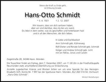 Todesanzeige von Hans-Otto Schmidt von HNA