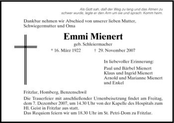 Todesanzeige von Emmi Mienert von HNA