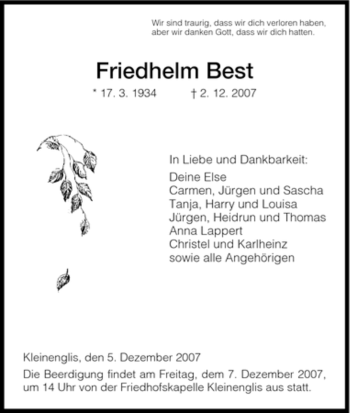 Todesanzeige von Friedhelm Best von HNA