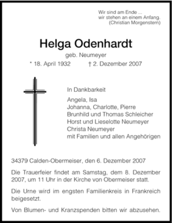 Todesanzeige von Helga Odenhardt von HNA