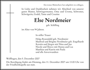 Todesanzeige von Else Nordmeier von HNA