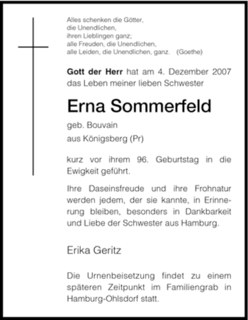 Todesanzeige von Erna Sommerfeld von HNA