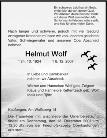 Todesanzeige von Helmut Wolf von HNA