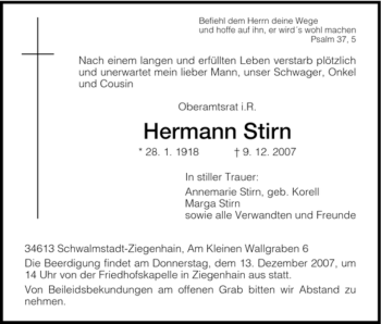 Todesanzeige von Hermann Stirn von HNA