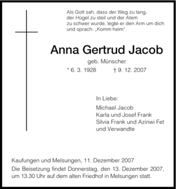 Todesanzeige von Anna Gertrud Jacob von HNA
