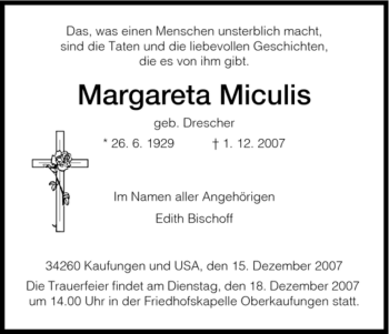 Todesanzeige von Margareta Miculis von HNA