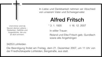 Todesanzeige von Alfred Fritsch von HNA
