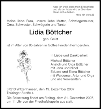 Todesanzeige von Lidia Böttcher von HNA