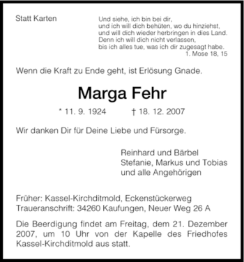 Todesanzeige von Marga Fehr von HNA