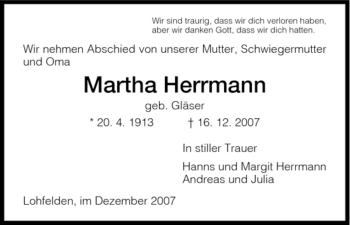 Todesanzeige von Martha Herrmann von HNA