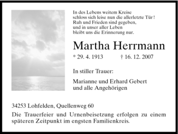 Todesanzeige von Martha Herrmann von HNA