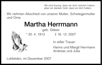Todesanzeige von Martha Herrmann von HNA