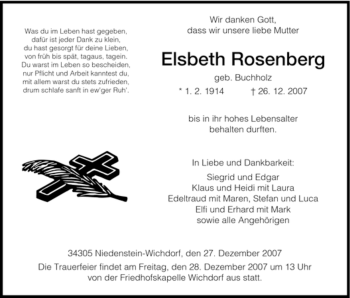 Todesanzeige von Elsbeth Rosenberg von HNA