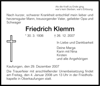 Todesanzeige von Friedrich Klemm von HNA