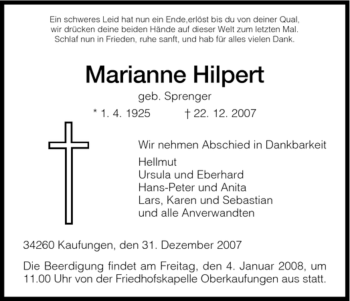 Todesanzeige von Marianne Hilpert von HNA