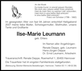 Todesanzeige von Ilse-Marie Leumann von HNA