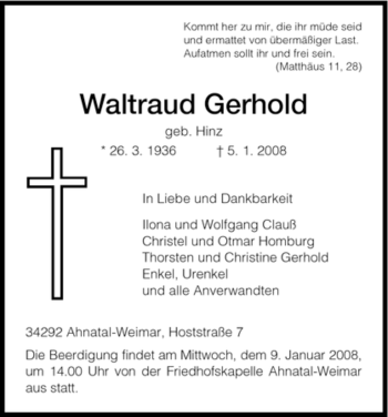 Todesanzeige von Waltraud Gerhold von HNA