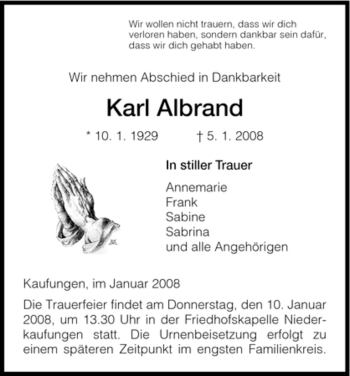 Todesanzeige von Karl Albrand von HNA